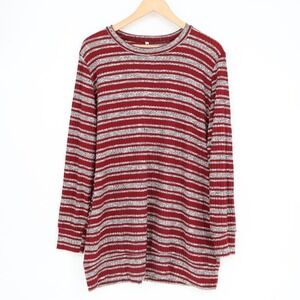 Azules Tunic Top Womens L Burgundy Gray Striped Stretch Long Sleeve Ribbed Knit